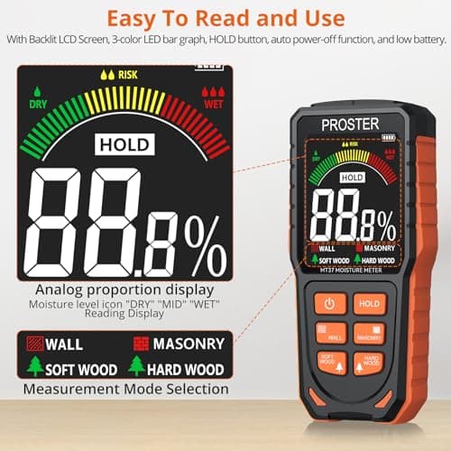 Proster Moisture Meter - Pinless and Non Destructive Wood Moisture Meter for Softwoods Hardwoods Walls Digital Moisture Tester for Drywall Wood Masonry 2