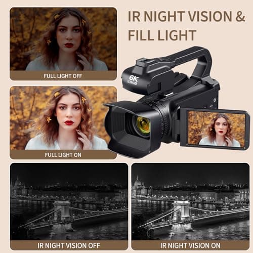 6K Video Camera Camcorder 64MP IR Night Vision Vlogging Camera for YouTube 18X Digital Zoom 4.0" Touch Screen Digital Camera with WiFi, Mic, Battery, Charger, Stabilizer, Remote Control, 64GB SD Card 4