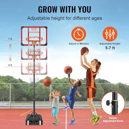 VEVOR Basketball Hoop, 28 inch Basketball Hoops Goal, 5-7 ft Adjustable Height Portable Backboard Hoop, Kids Adults Basketball Court with Wheels, Stand, Fillable Base, Basketball Hoop Outdoor/Indoor 3