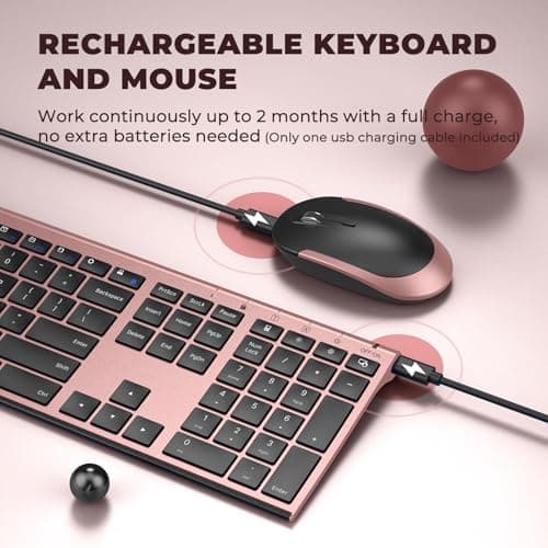 Wireless Keyboard and Mouse, Vssoplor 2.4GHz Rechargeable Compact Quiet Full-Size Keyboard and Mouse Combo with Nano USB Receiver for Windows, Laptop, PC, Notebook-Black and Rose Gold 3
