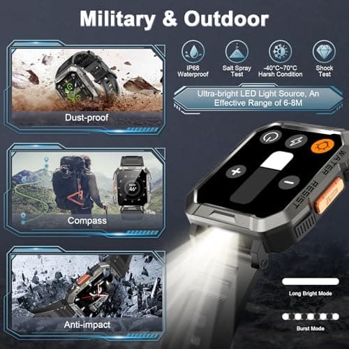 Military Smart Watch for Men(Answer/Make Call), Outdoor Sports Smartwatch with Flashlight/100 Days Battery/Compass/Heart Rate/SpO2/Sleep Monitor/2 Straps, Fitness Tracker for iPhone/Android Phones 2
