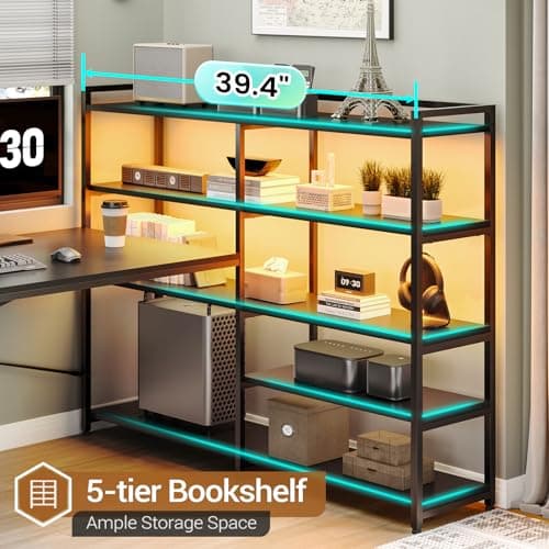 SEDETA L Shaped Gaming Desk, Reversible U Shaped Computer Desk with Power Outlet and Storage Shelves, Corner Gaming Desk with LED Lights, 3 Fabric Drawers, Black 5