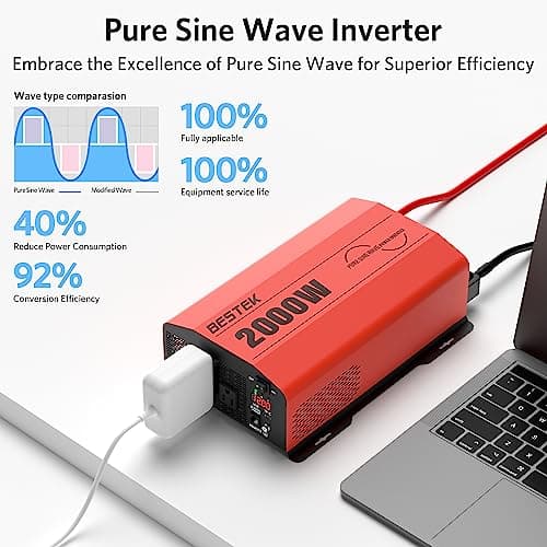 BESTEK 2000 Watt Pure Sine Wave Power Inverter 12V DC to 110V/120V AC Converter for Home, RV, Truck, Off-Grid Solar Power 3 AC Outlets Car Inverter with One 2 USB Port Type-C with Remote Control 3