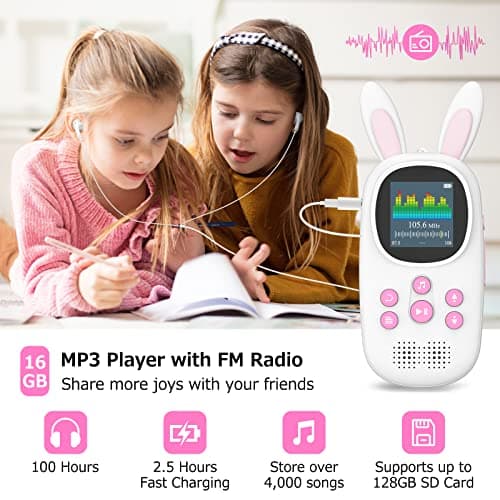 Mp3 Player for Kids, Cute Bunny Kids Mp3 Player with Bluetooth, 32GB Mp3 Players with Speaker, FM Radio, Recordings, Alarm, Pedometer, Stopwatch, Support up to 128GB 5