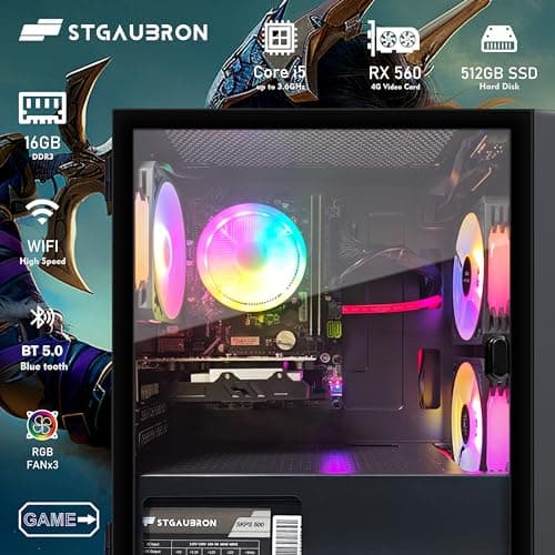 STGAubron Gaming PC Computer Desktop, Radeon RX 560 4G GDDR5, Intel Core i5 3.2G up to 3.6G, 16G RAM, 512G SSD, 600M WiFi, BT 5.0, RGB Fan x 3, Windows 11 Home 3