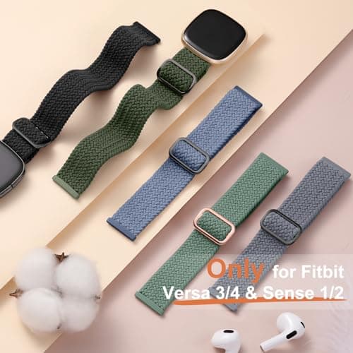 Maledan Sport Elastic Band Compatible for Fitbit Sense/Versa 3/Fitbit Versa 4/Sense 2 Bands Men Women, Breathable Nylon Stretchy Solo Loop Replacement Bands for Versa 3/ Versa 4, Black 4