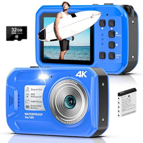4K Underwater Camera, 64MP 16FT Waterproof Digital Camera with 32GB Card, Autofocus Floatable Waterproof Camera with IPS HD Screen, 16X Digital Zoom, Fill Light, for Snorkeling, Surfing, Swimming
