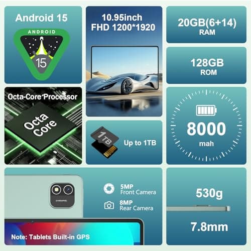 11 inch Tablet, Android 15 Tablet 20GB RAM +128GB ROM+1TB Expand, Octa Core Processor 8000mAh Battery, 1920x1200 IPS Touch Screen, 5+8MP Dual HD Camera, 5G WiFi , Widevine L1, Matel Green with Case 5