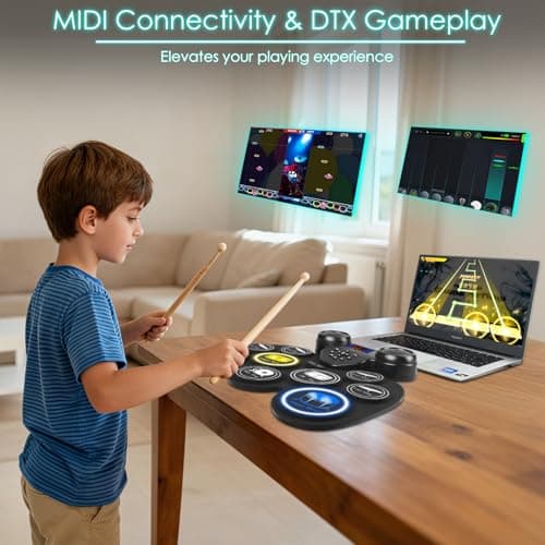 Electronic Drum Set with 7-Color LED Light Show on Strike, 9-Pad Electric Drums Set Bluetooth MIDI Support, Extra-thick Electric Drum Pads for Better Rebound, Perfect Christmas/Birthday Gift for Kids 4