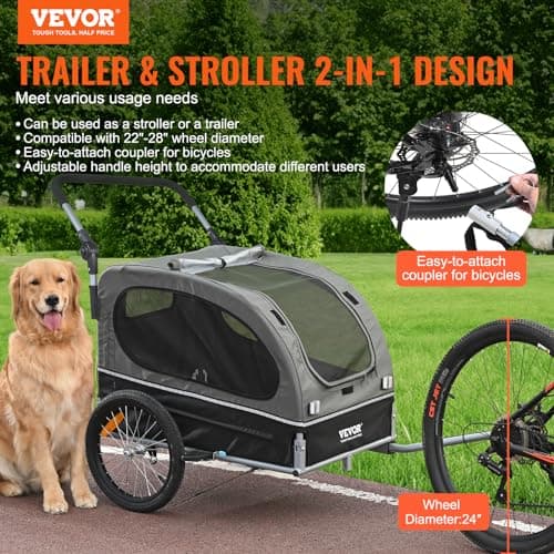VEVOR Dog Bike Trailer, Supports up to 88 lbs, 2-in-1 Pet Stroller Cart Bicycle Carrier, Easy Folding Cart Frame with Quick Release Wheels, Universal Bicycle Coupler, Reflectors, Flag, Black/Gray 2