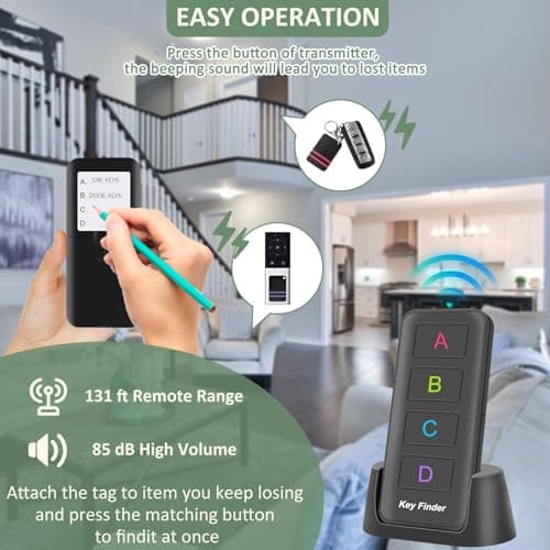 Remote Control Finder, Pack of 4 Find My Keys Device Stick on Remote Finder Beeper, Tracker Tags for Car Keys and Phones | 135Ft Range 85dB RF Key Locator, Lost Key Finders That Make Noise (Black) 5