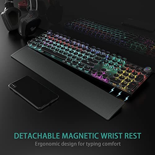 AULA F2088 Typewriter Style Mechanical Gaming Keyboard Wired,Blue Switches,Rainbow LED Backlit,Removable Wrist Rest,Media Control Knob,Retro Punk Round Keycaps,USB Wired Computer Keyboard 3