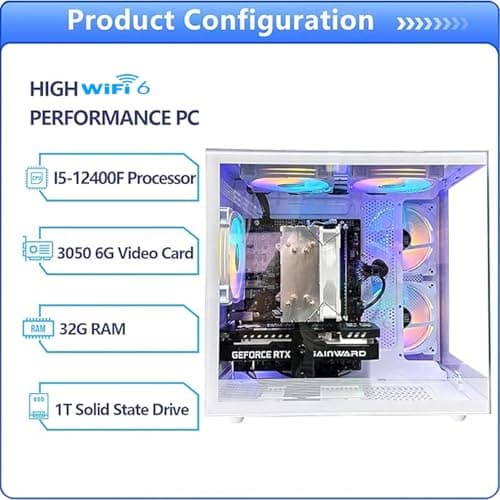 suevery Desktop Computers,32G RAM,1TB NVMe SSD,Core i5-12400F,RTX 3050 6G,Prebuilt Gaming PC,Tower Computer Gamer,Work,VR,4K,Home and Business WiFi 6 White 3