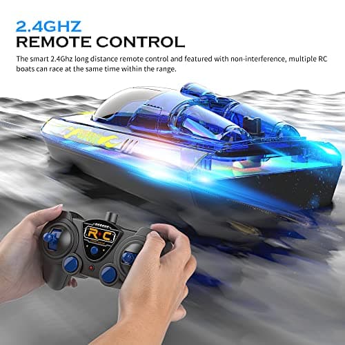 Akargol RC Boat with LED - Remote Control Boat for Pools and Lakes 2.4 GHZ RC Boats with 2 Rechargeable Battery Whole Body Waterproof, Low Battery Alarm, Water Play Toy Gift for Boys&Girls 4
