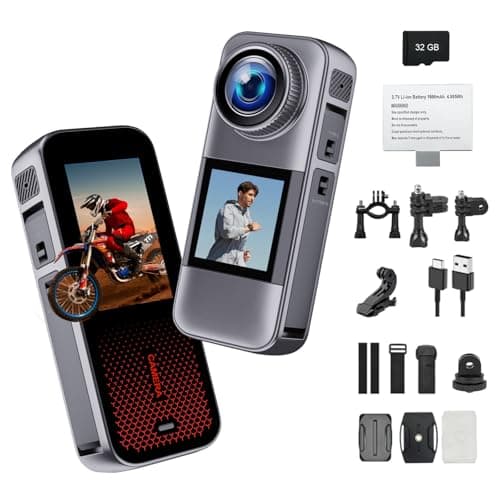 fceoul Action Camera with Dual Color Screen,Body Waterproof Camera Suitable for Travel Motorcycle Helmet Cameras, Equipped with 32GB Card, 2 Batteries, and Various Installation Kits