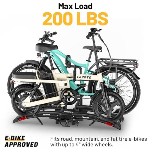 Favoto Electric Bike Rack with Ramp - Foldable Hitch Mounted EBike Carrier for SUV, Truck, RV, Tiltable Heavy Duty Rack Fits 2" Receiver, Holds 200 lbs, Fits Fat Tires up to 4" 3