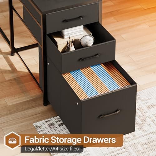 SEDETA L Shaped Gaming Desk, Reversible U Shaped Computer Desk with Power Outlet and Storage Shelves, Corner Gaming Desk with LED Lights, 3 Fabric Drawers, Black 4