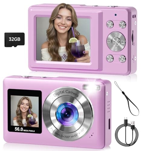 Compact Camera,56MP Dual-Screen Digital Camera for Teens with Auto Focus,Smile Capture,Anti-Shake,16X Zoom,32GB SD Card Camera Digital Gift for Boys Girls Teens