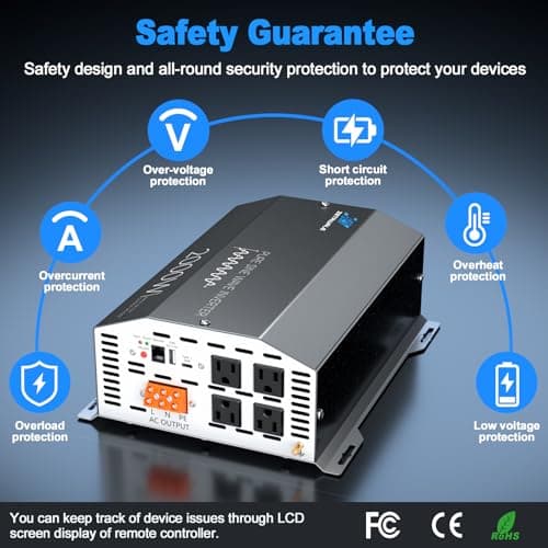 2000 Watt Pure Sine Wave Inverter 12v DC to 110v 120v AC Converter,4000W Peak Power Inverter with 4 AC Outlets,USB Port,Type-C,Remote Control LCD Display for Truck, RV, Vehicles, Solar Off-Grid 5