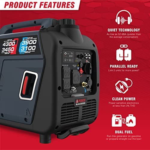 A-iPower 4300-Watt Dual Fuel Portable Inverter Generator, RV Ready Lightweight w/CO Sensor for Backup Home Use, Tailgating & Camping, CARB Compliant (SUA4300iD) 5