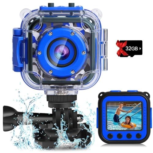 PROGRACE Kids Waterproof Camera - Birthday for 3-12 Year Old Boys 1080P HD Underwater Video Camera for Kids Pool Toys Toddler Digital Cameras with 32GB SD Card Blue