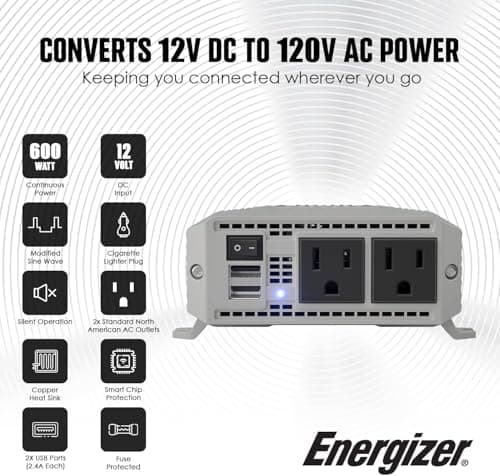 Energizer 600 Watt 12V DC to 110V AC Car Power Inverter, Modified Sine Wave, 2 Outlets, 2 USB Ports, Cigarette Lighter Plug & Clamps - ETL Approved Under UL STD 458 3