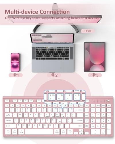 FENIFOX Wireless Keyboard, Bluetooth & 2.4G USB & USB-C Rechargeable Silent Ultra Quiet Low Profile Compact Full Size with Number Pad Soft Multi Device for Mac MacBook Windows PC - Pink & Rose Gold 2