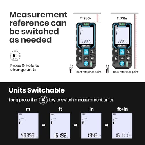 ACEGMET Laser Measure, 229ft/70m Laser Measurement Tool, S9 Room Laser Measuring Tool with 2 Bubble Levels, LCD Backlit Display, IP54 Waterproof, Pythagorean Mode for Distance, Area, Volume 4