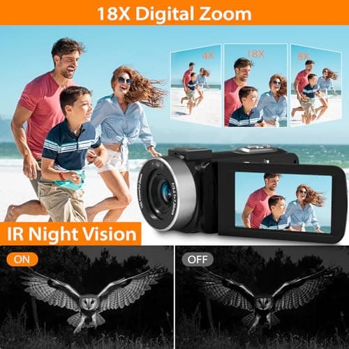 Video Camera Camcorder, 6K 64MP Vlogging Camera with IR Night Vision for YouTube, 18X Digital Zoom 3.0'' Touch Screen WiFi Camera with Microphone, 2.4G Remote Control, 2 Batteries & 32G SD Card 2
