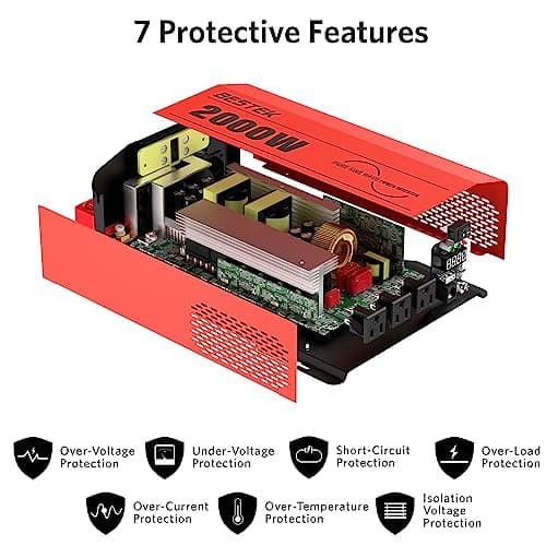 BESTEK 2000 Watt Pure Sine Wave Power Inverter 12V DC to 110V/120V AC Converter for Home, RV, Truck, Off-Grid Solar Power 3 AC Outlets Car Inverter with One 2 USB Port Type-C with Remote Control 5