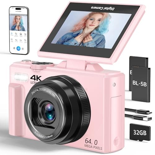 4K Digital Camera for Photography, 64MP Vlogging Camera for YouTube with 3" 180° Flip Screen, 18X Digital Zoom Point and Shoot Camara with 32GB Micro SD Card for Beginner (Light Pink)