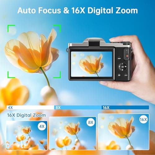 4K Digital Camera for Photography with WiFi 64MP Auto-Focus Vlogging Camera for YouTube Video 3'' 180° Flip Screen 4K Cameras 16X Zoom Anti-Shake Compact Point and Shoot Cameras with SD Card 5