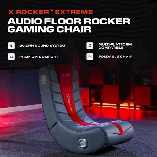 X Rocker Extreme III 2.0 Video Gaming Floor Chair with Headrest Speakers, Built-in Audio, Foldable, Vegan Leather, 300 lbs Max, Amazon Exclusive, Grey and Red 3