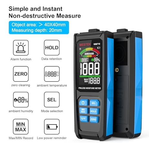 MESTEK Pinless Wood Moisture Meters for Drywall, Water Leak Detector, Wall Moisture Tester for Lumber Concrete Building, Wall Moisture Sensor Digital Humidity Tester for Firewood 2