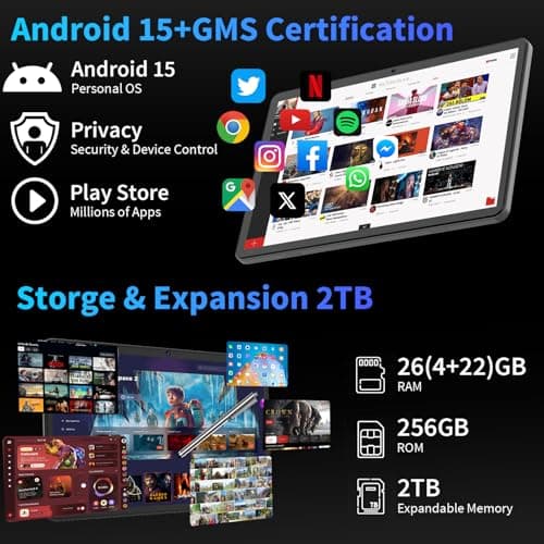 YLEEBG Android 15 Tablet with Keyboard, 26GB+256GB(2TB Expand), 10.1 Inch Tablet 8000 mAh Battery, BT 5.0, 5G WiFi, Widevine L1, Dual Camera, 2 in 1 Tab with Mouse, Case, Stylus(Green Case) 3