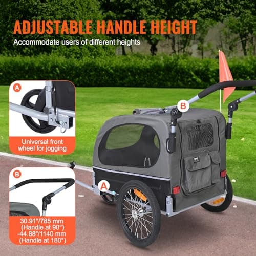 VEVOR Dog Bike Trailer, Supports up to 88 lbs, 2-in-1 Pet Stroller Cart Bicycle Carrier, Easy Folding Cart Frame with Quick Release Wheels, Universal Bicycle Coupler, Reflectors, Flag, Black/Gray 3