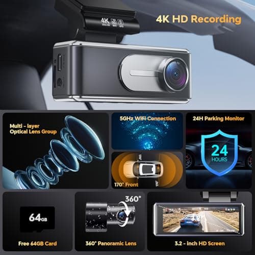 Csyibeielec Dash Cam Front and Rear - 4K HD Dual Dash Camera for Cars, Built-in 5G WiFi GPS, 64GB Card, Dashcam with 3.2" IPS Screen, UHD Night Vision, HDR, App Control, 24H Parking Monitor 2