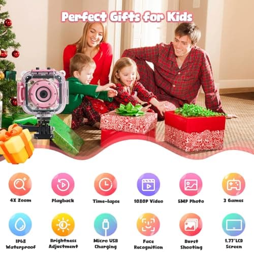 PROGRACE Kids Waterproof Camera - Birthday for 3-12 Year Old Girls 1080P HD Underwater Video Camera for Kids Pool Toys Toddler Digital Cameras with 32GB SD Card Pink 5