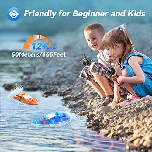 YEETFTC 2Pack LED Light RC Boat Remote Control Pool Water Toys for Kids Ages 8-12 Adults Lakes Bathtub Toy with Whole Body Waterproof,Low Battery Alarm,2.4Ghz,Control Range 50M,Rechargeable Battery 3
