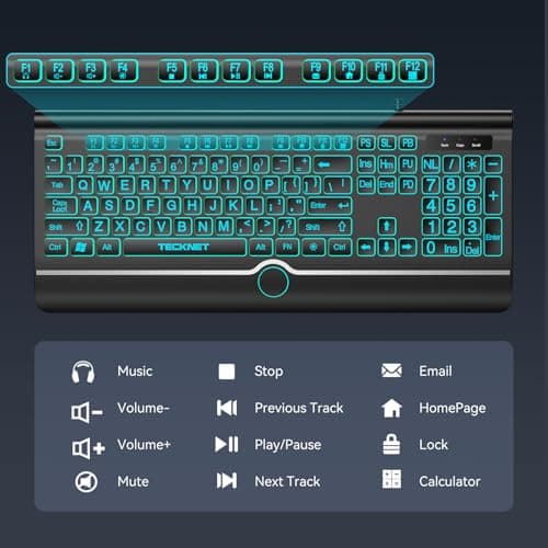 TECKNET Large Print Backlit Keyboard, Wired USB-A Computer Keyboard with Wrist Rest, 7-Color Backlit, Oversized Letter Keys Easy to See, Plug-and-Play, Silent, LED Compatible for Windows/PC/Laptop 5