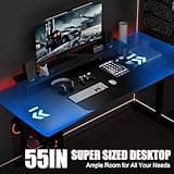GTRACING Gaming Desk 55 Inch with LED Lights, Large Computer Desk with Mouse Pad for Home Office, T-Shaped Carbon Fibre Surface PC Game Workstations with Headphone Hook 4
