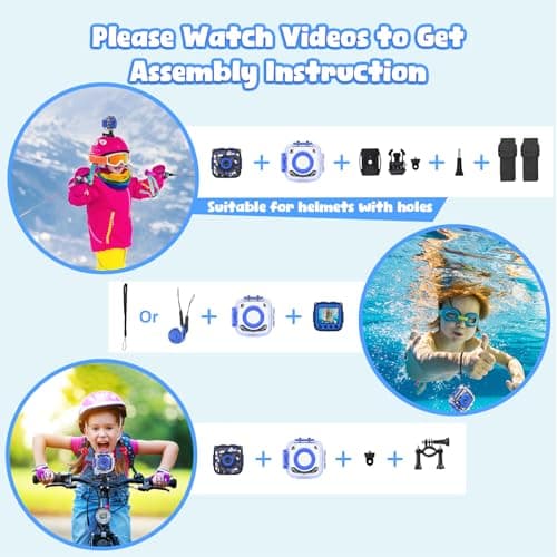 PROGRACE Kids Waterproof Camera - Birthday for 3-12 Year Old Boys 1080P HD Underwater Video Camera for Kids Pool Toys Toddler Digital Cameras with 32GB SD Card Blue 3