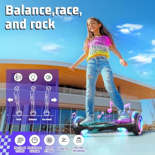 Scooter with Seat Attachment for Kids Adults, 6.5'' 8.5''Balancing Scooter with Bluetooth Speakers & Colorful LED Light with Kart 2