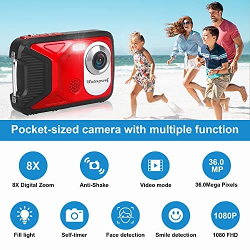 Waterproof Digital Camera with 32GB Card HD 1080P 36MP Underwater Digital Camera for Kids Teens Students Boys Girls(Red) 5