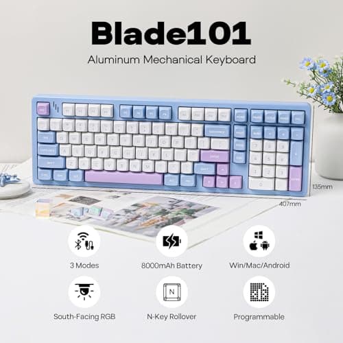 MechLands Blade101 Wireless Aluminum Gaming Keyboard, BT5.0/2.4GHz/USB-C Hot Swappable Custom Mechanical Keyboard with 8000mAh Battery, Gasket Structure, RGB Backlit, NKRO for Win/Mac (Blue) 2