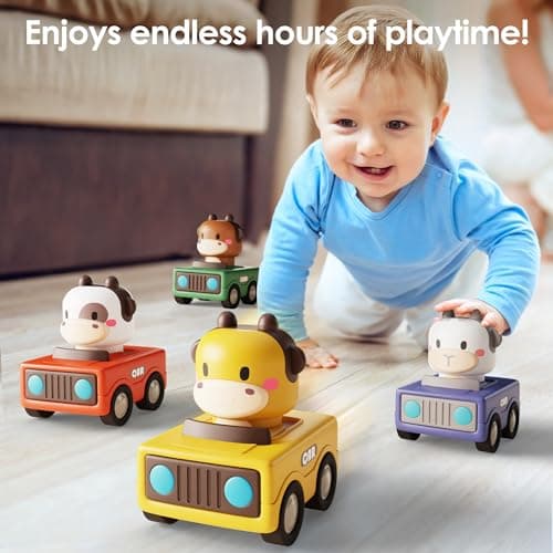 iPlay, iLearn Press to Go Car Toys for Toddlers 1-3, Baby Animal Racing Cars, Infant Play Vehicle Set, Baby Push Go Friction Car Toys for 6-9-12-18 Months, 1st Birthday Gifts for 1-2 Years Old Boys 2