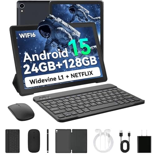 HiGrace 2025 Latest Upgraded Android 15 Tablet 10 Inch, 24GB+128GB+1TB Expand, WiFi 6 BT 5.4, Type-C Fast Charging, Dual Camera, Widevine L1 HD IPS Screen with Keyboard