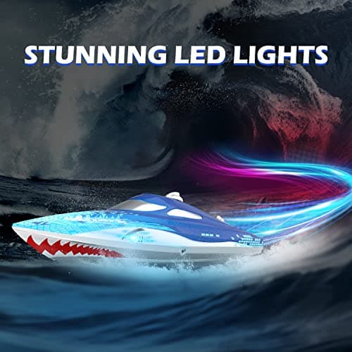DEERC Full Proportional Remote Control Boat with LED Lights, Shark Graffiti, 20+ MPH,2.4GHz High Speed RC Racing Boats for Lakes,Pool Toys for Kids & Adults 5