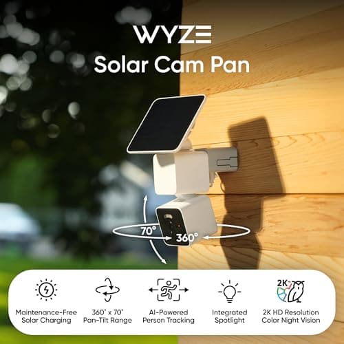 WYZE Solar Cam Pan, Security Cameras Wireless Outdoor, 2K HD 360° Pan-Tilt Battery Powered 2.4GHz Wi-Fi Cameras for Home Security, AI Motion Detection, Color Night Vision, 2-Way Audio, No Blind Spots 2