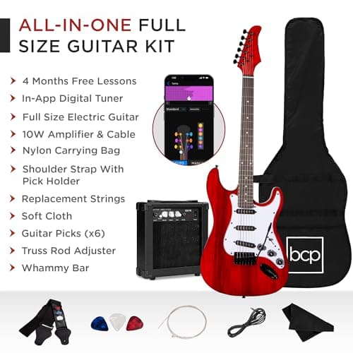 Best Choice Products 39in Full Size Beginner Electric Guitar Starter Kit w/Case, Strap, 10W Amp, Strings, Pick, Tremolo Bar - Cherry Red 3